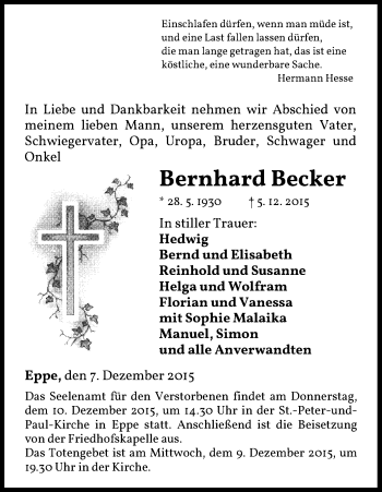 Traueranzeige von Bernhard Becker von Waldeckische Landeszeitung