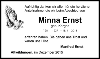 Traueranzeige von Minna Ernst von Waldeckische Landeszeitung