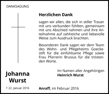 Traueranzeige von Johanna Wurst von Waldeckische Landeszeitung