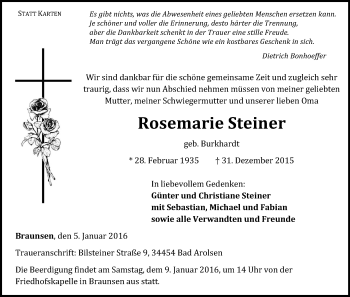 Traueranzeige von Rosemarie Steiner von Waldeckische Landeszeitung