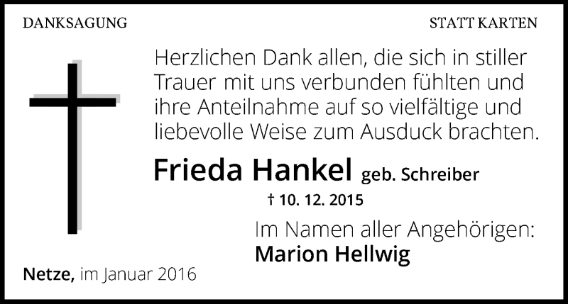  Traueranzeige für Frieda Hankel vom 16.01.2016 aus Waldeckische Landeszeitung