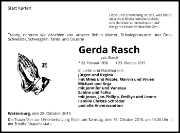 Traueranzeige von Gerda Rasch von Waldeckische Landeszeitung