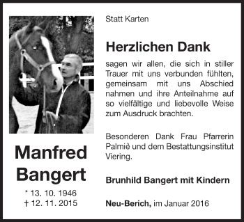 Traueranzeige von Manfred Bangert von Waldeckische Landeszeitung