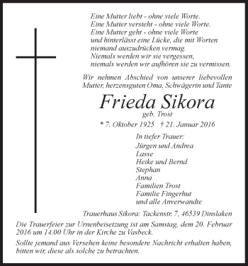 Traueranzeige von Frieda Sikora von Waldeckische Landeszeitung