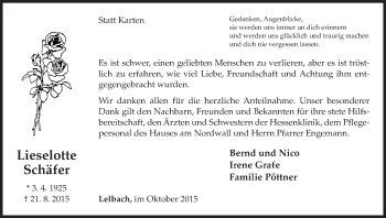 Traueranzeige von Lieselotte Schäfer von Waldeckische Landeszeitung