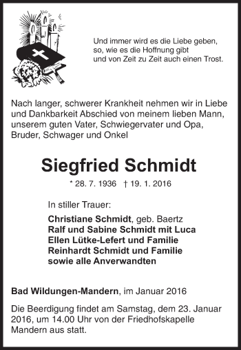 Traueranzeige von Siegfried Schmidt von Waldeckische Landeszeitung