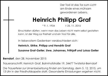 Traueranzeige von Heinrich Philipp Graf von Waldeckische Landeszeitung