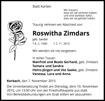 Traueranzeige von Roswitha Zimdars von Waldeckische Landeszeitung