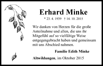 Traueranzeige von Erhard Minke von Waldeckische Landeszeitung