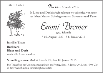 Traueranzeige von Emmi Bremer von Waldeckische Landeszeitung