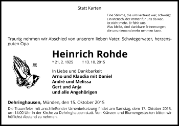 Traueranzeige von Heinrich Rohde von Waldeckische Landeszeitung