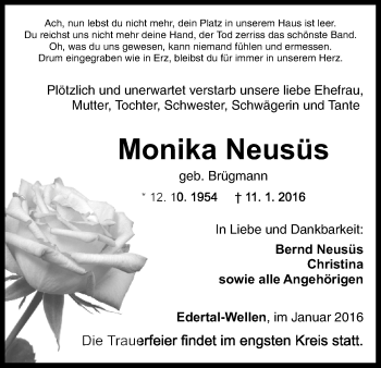 Traueranzeige von Monika Neusüs von Waldeckische Landeszeitung