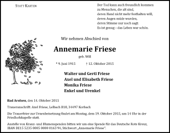 Traueranzeige von Annemarie Friese von Waldeckische Landeszeitung