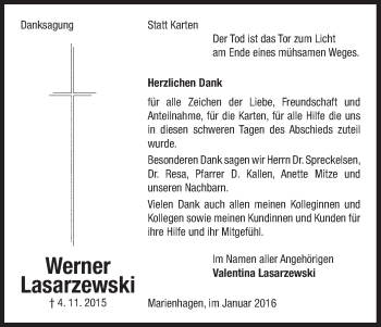 Traueranzeige von Werner Lasarzewski von Waldeckische Landeszeitung