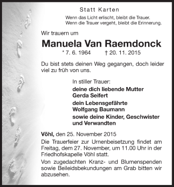 Traueranzeige von Manuela Van Raemdonck von Waldeckische Landeszeitung