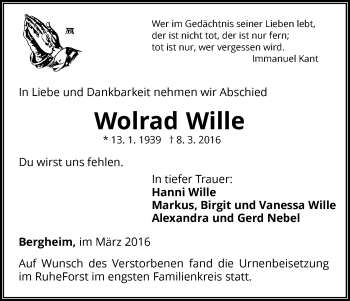 Traueranzeige von Wolrad Wille von Waldeckische Landeszeitung