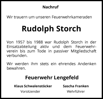 Traueranzeige von Rudolph Storch von Waldeckische Landeszeitung