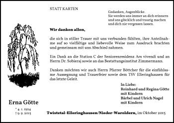 Traueranzeige von Erna Götte von Waldeckische Landeszeitung