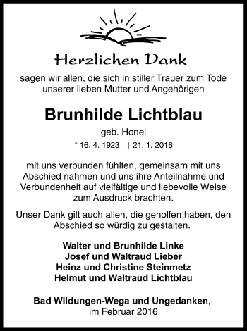 Traueranzeige von Brunhilde Lichtblau von Waldeckische Landeszeitung