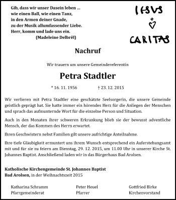 Traueranzeige von Petra Stadtler von Waldeckische Landeszeitung