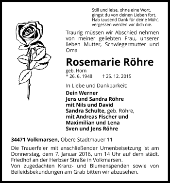 Traueranzeige von Rosemarie Röhre von Waldeckische Landeszeitung