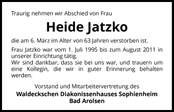 Traueranzeige von Heide Jatzko von Waldeckische Landeszeitung