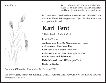 Traueranzeige von Karl Tent von Waldeckische Landeszeitung