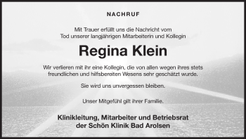 Traueranzeige von Regina Klein von Waldeckische Landeszeitung