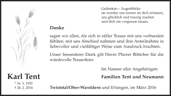 Traueranzeige von Karl Tent von Waldeckische Landeszeitung