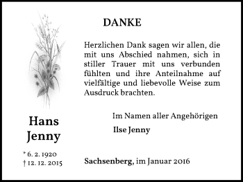 Traueranzeige von Hans Jenny von Waldeckische Landeszeitung