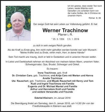 Traueranzeige von Werner Trachinow von Waldeckische Landeszeitung