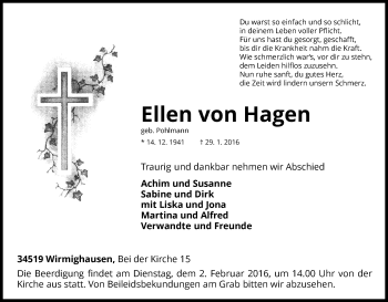 Traueranzeige von Ellen von Hagen von Waldeckische Landeszeitung