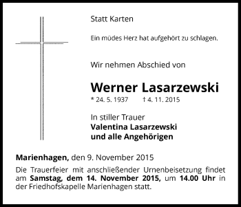 Traueranzeige von Werner Lasarzewski von Waldeckische Landeszeitung