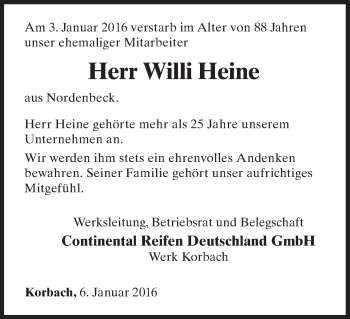 Traueranzeige von Willi Heine von Waldeckische Landeszeitung