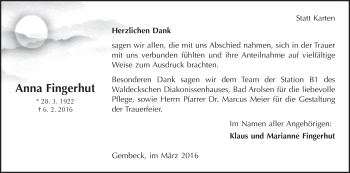 Traueranzeige von Anna Fingerhut von Waldeckische Landeszeitung