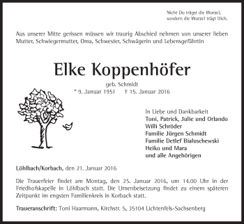 Traueranzeige von Elke Koppenhöfer von Waldeckische Landeszeitung