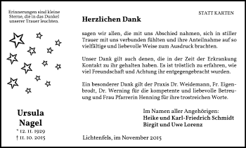 Traueranzeige von Ursula Nagel von Waldeckische Landeszeitung