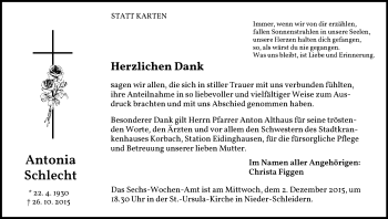 Traueranzeige von Antonia Schlecht von Waldeckische Landeszeitung