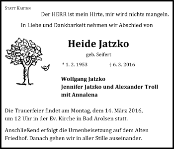 Traueranzeige von Heide Jatzko von Waldeckische Landeszeitung