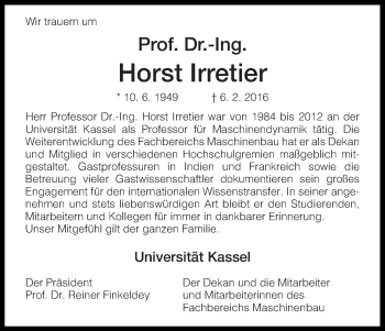 Traueranzeige von Horst Irretier von Waldeckische Landeszeitung