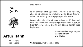 Traueranzeige von Artur Hahn von Waldeckische Landeszeitung