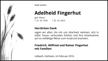 Traueranzeige von Adelheid Fingerhut von Waldeckische Landeszeitung