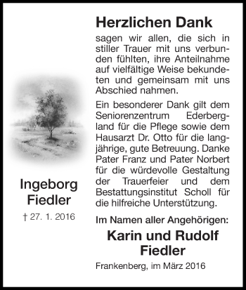 Traueranzeige von Ingeborg Fiedler von Waldeckische Landeszeitung