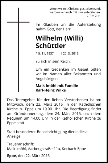 Traueranzeige von Wilhelm Schüttler von Waldeckische Landeszeitung