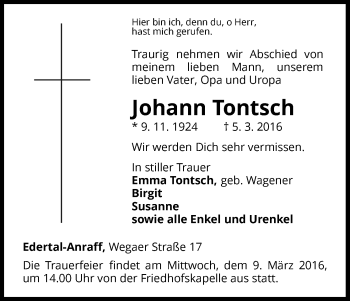 Traueranzeige von Johann Tontsch von Waldeckische Landeszeitung