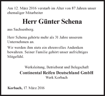 Traueranzeige von Günter Schena von Waldeckische Landeszeitung