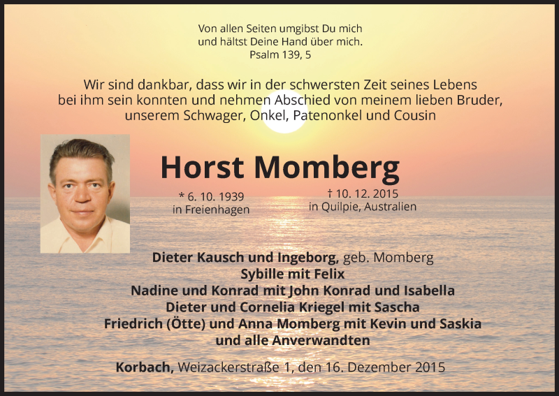  Traueranzeige für Horst Momberg vom 16.12.2015 aus Waldeckische Landeszeitung