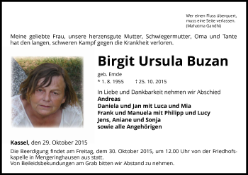 Traueranzeige von Birgit Ursula Buzan von Waldeckische Landeszeitung