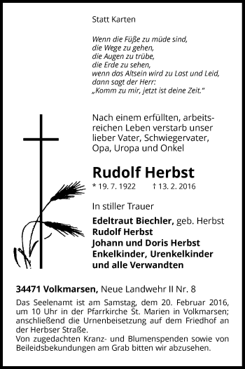 Traueranzeige von Rudolf Herbst von Waldeckische Landeszeitung