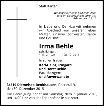 Traueranzeige von Irma Behle von Waldeckische Landeszeitung